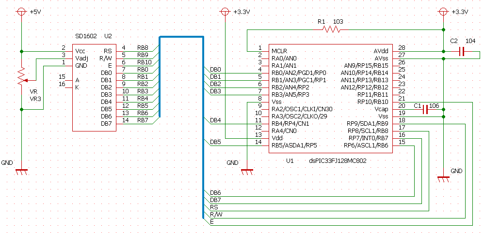 LCDをPMP接続によるDMA転送の回路図